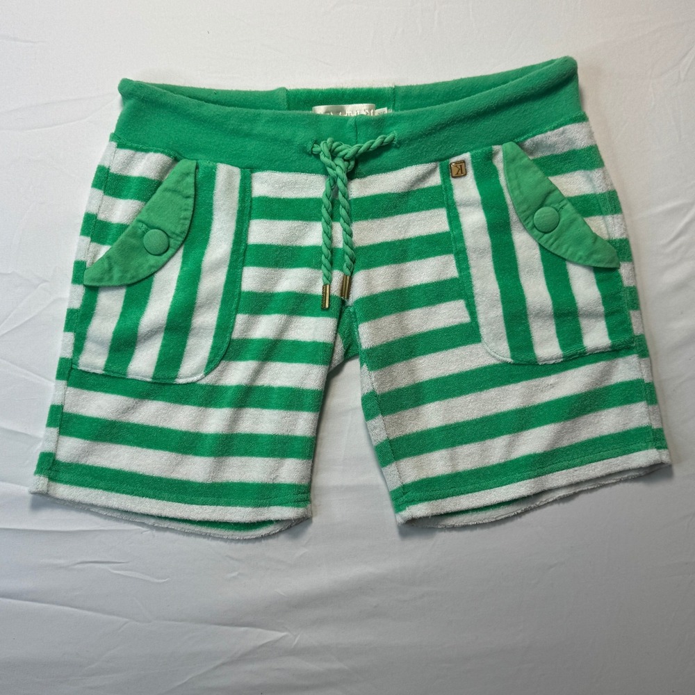 Terry Cloth Shorts Womens XS Green White Striped Cabana Beach Pool Retro Lounge